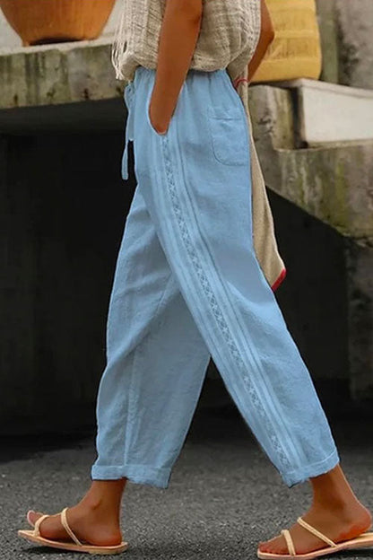 Drawstring Elastic Waist Cotton Linen Tapered Pants LightBlue