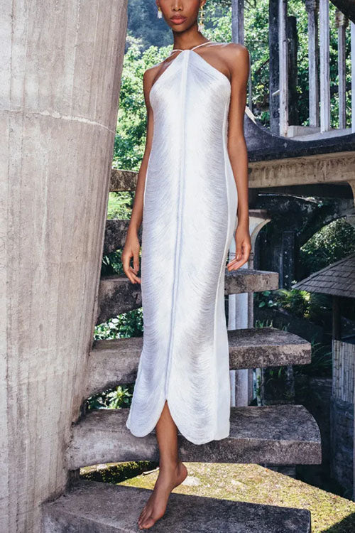 Chicest Halter Draped Fringe Maxi Party Dress White