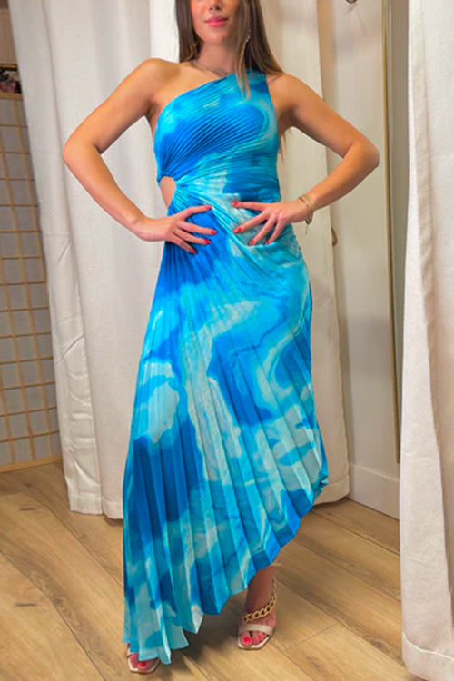 Printed One Shoulder Cut Out Pleated Maxi Dress Blue