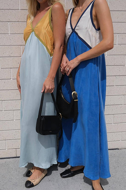 V Neck Color Block Sleeveless Maxi Swing Dress