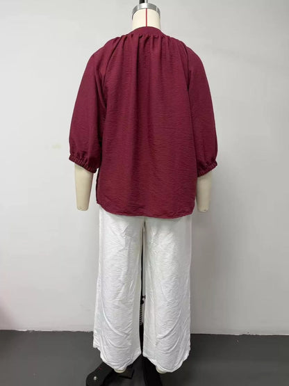 Notched Blouse and Wide-Leg Pants Set