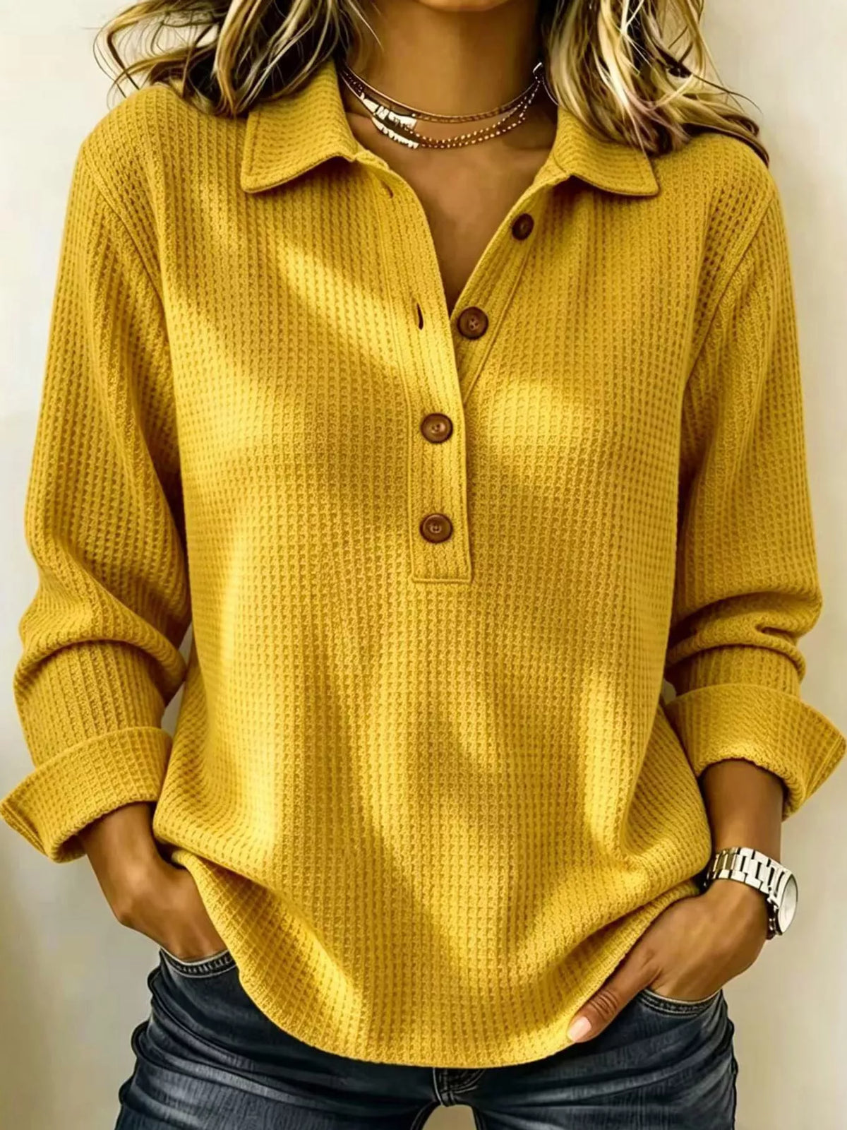 Full Size Waffle Knit Long Sleeve Polo Top Plus Size