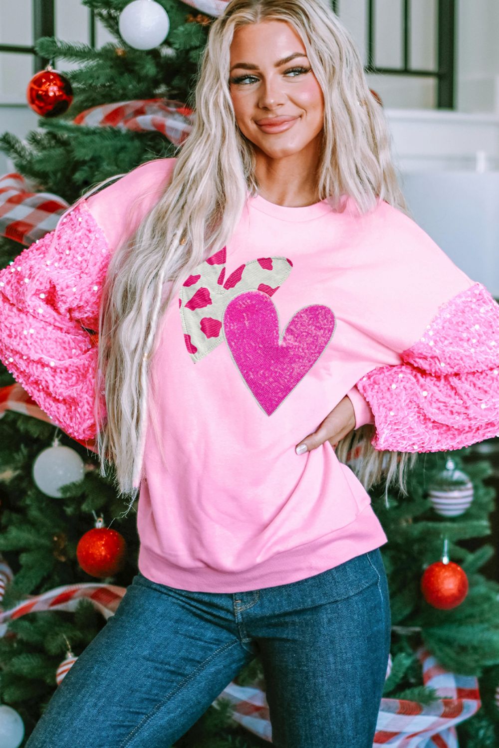| Valentine’S Day Sequin Heart Long Sleeve Sweatshirt