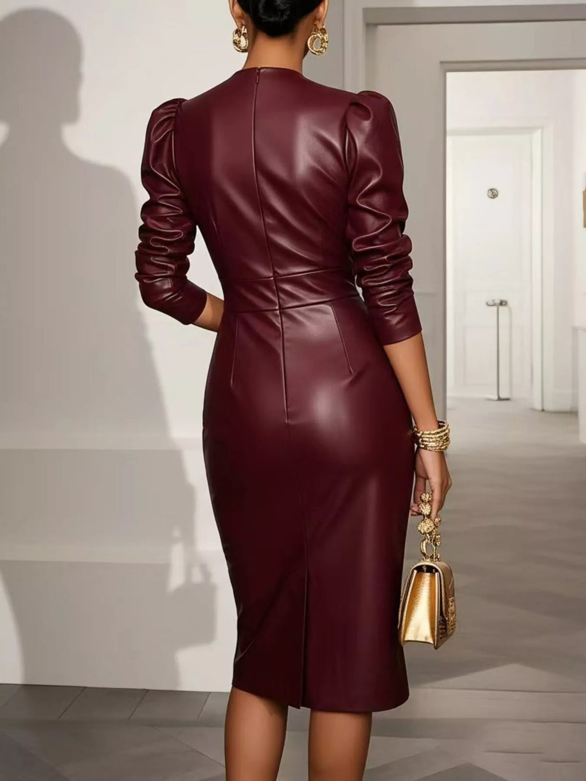 V-Neck Puff Sleeve Midi Dress