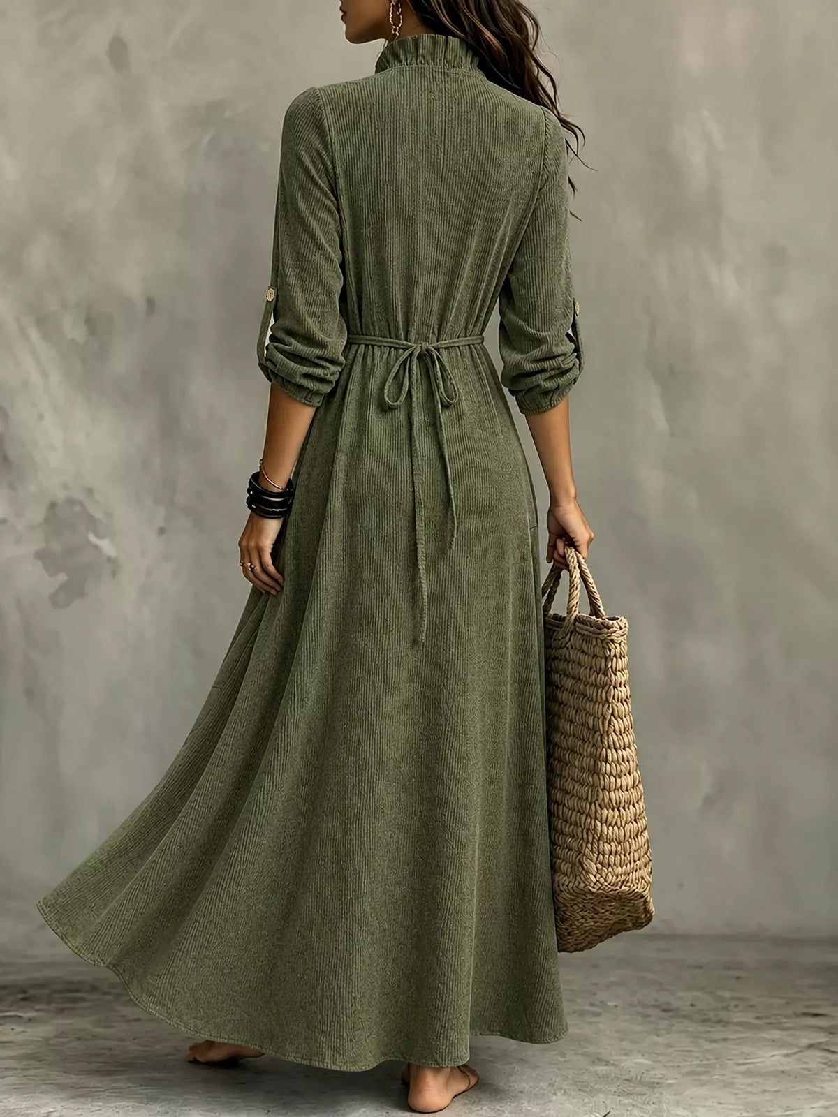 Plus Size V-Neck Maxi Dress with Roll-Up Sleeves