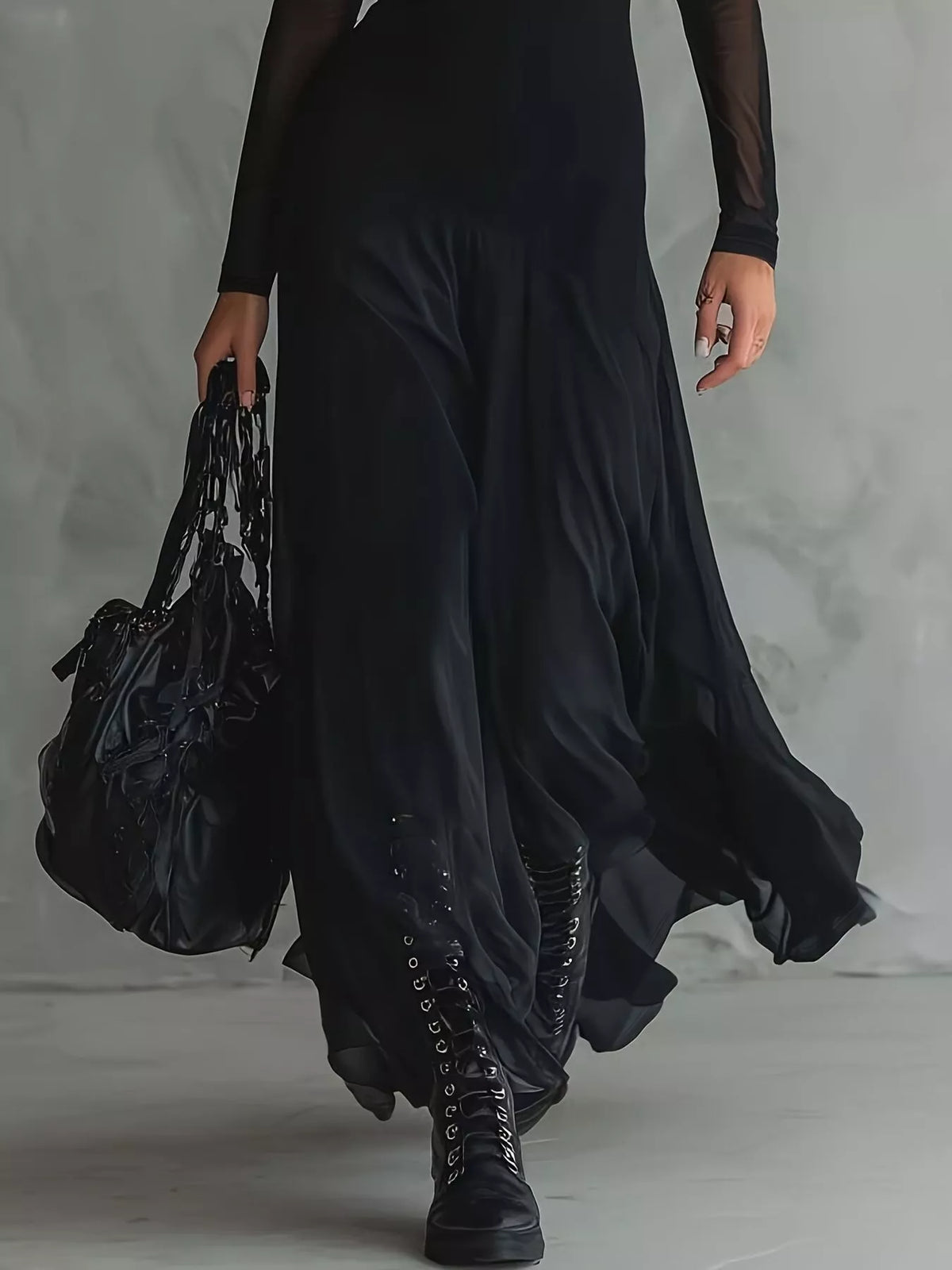 Elegant Gothic Sheer Mesh Long Sleeve Maxi Dress