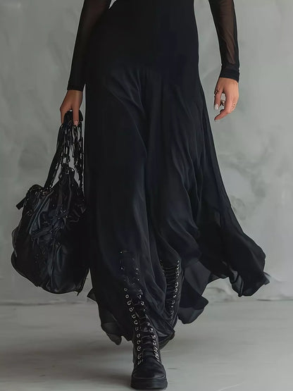 Elegant Gothic Sheer Mesh Long Sleeve Maxi Dress