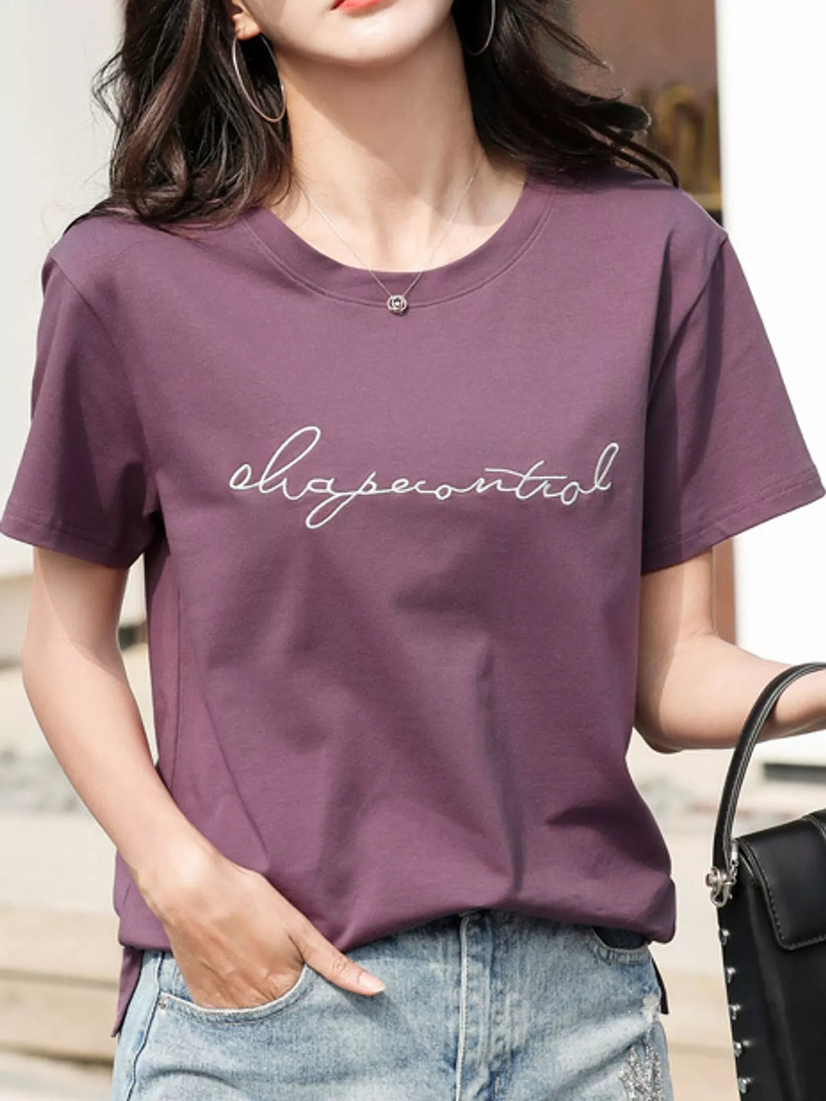 Full Size Letter Embroidered Round Neck T-Shirt Plus Size