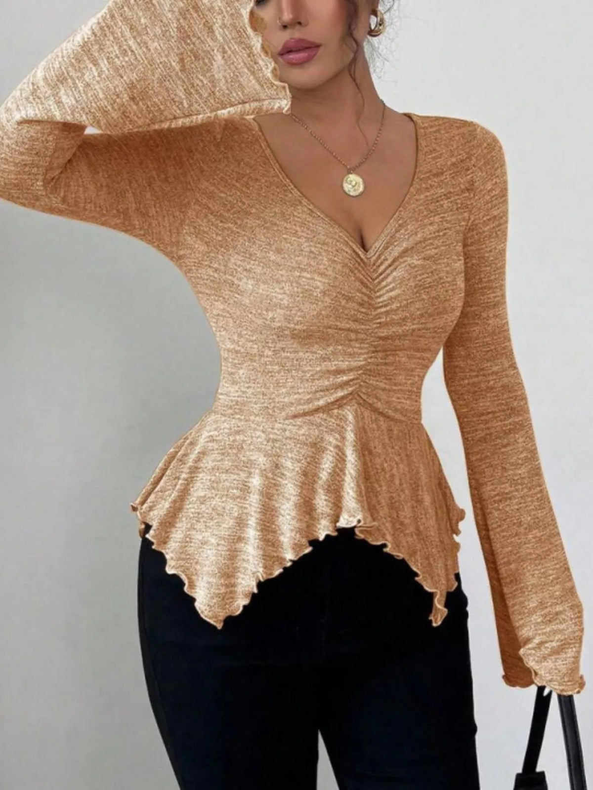 Ruched Flared Sleeves Peplum T-Shirt