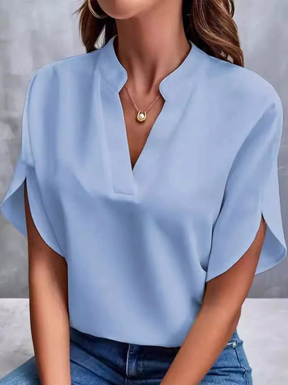 Notched Slit Short Sleeve Blouse
