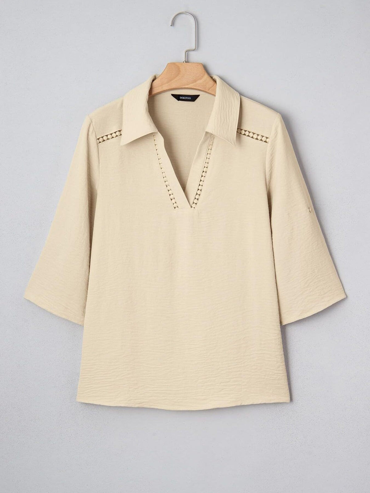 Johnny Collar Roll-Up Sleeve Blouse