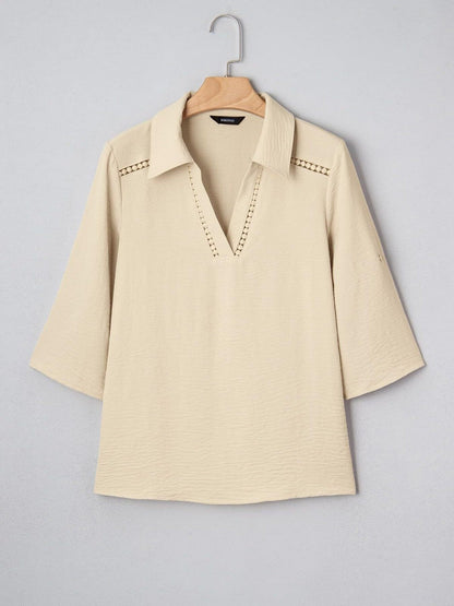 Johnny Collar Roll-Up Sleeve Blouse