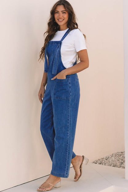 Prussian Blue Mineral Wash Knotted Strap Patched Pocket Wide Leg Denim Overall