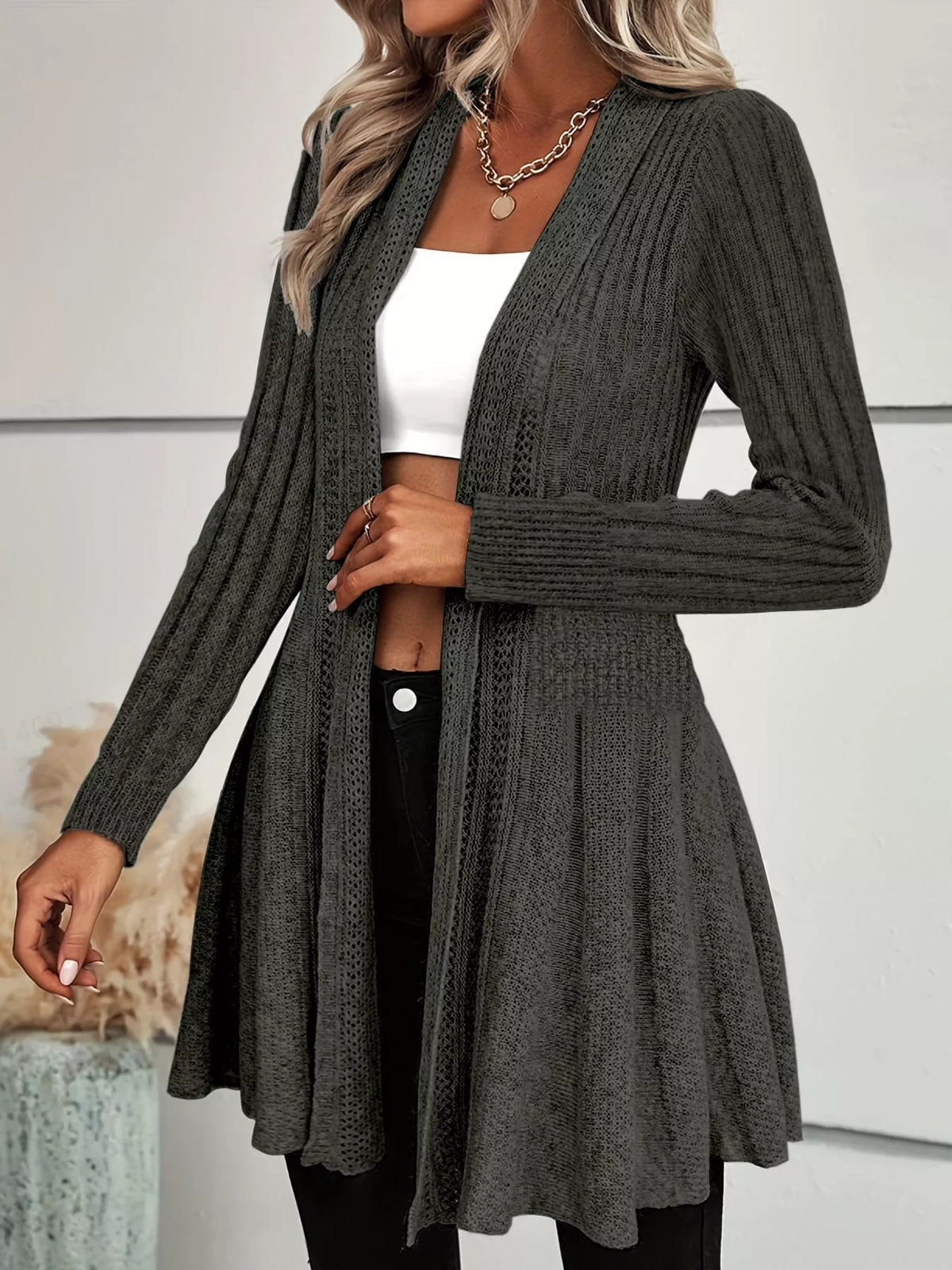 Elegant Ribbed Knit Open Front Flared Cardigan