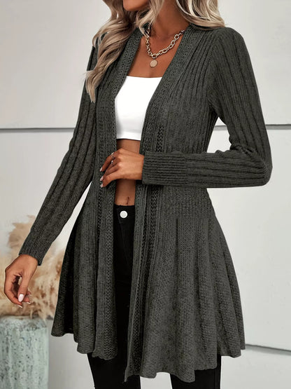 Elegant Ribbed Knit Open Front Flared Cardigan