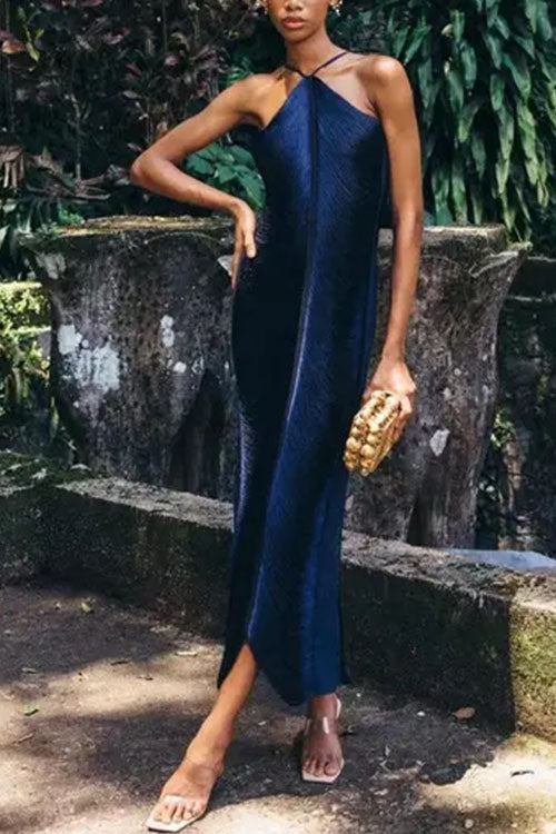 Chicest Halter Draped Fringe Maxi Party Dress DarkBlue