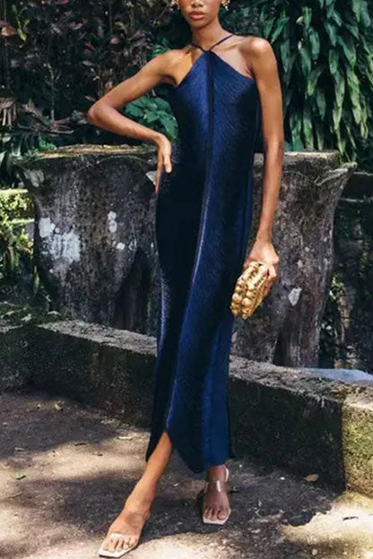 Chicest Halter Draped Fringe Maxi Party Dress DarkBlue