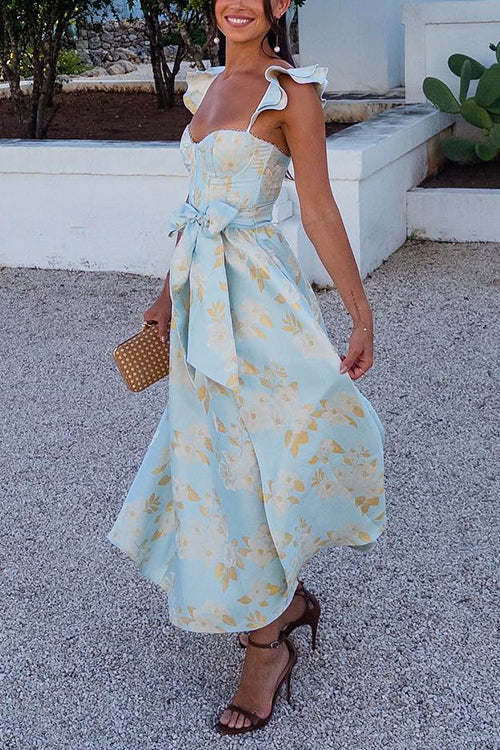 Ruffled Shoulder Bow Knot Waist Slit Printed Vintage Party Dress