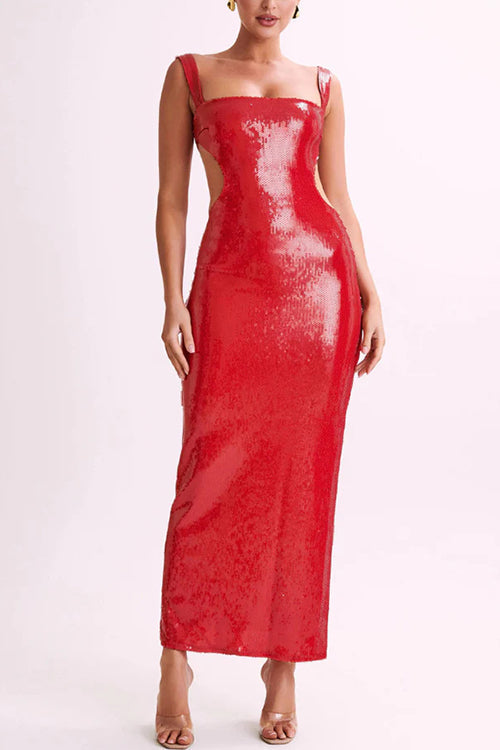 Sleeveless Open Back Sequin Bodycon Maxi Party Dress