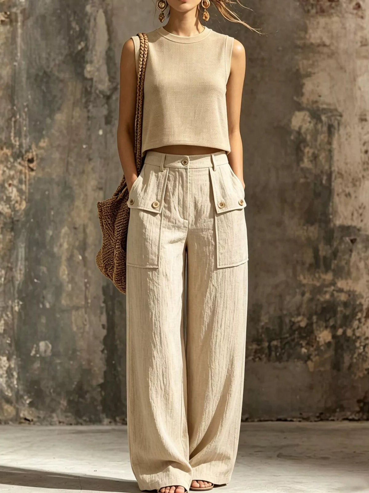Sleeveless Crop Top and High-Waisted Wide-Leg Cargo Pants Set