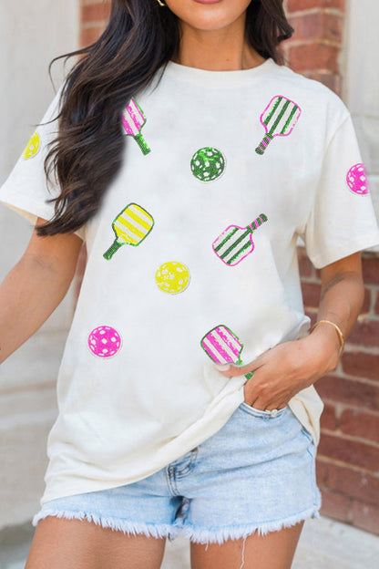 White Sequin Pickleball Graphic Casual T Shirt