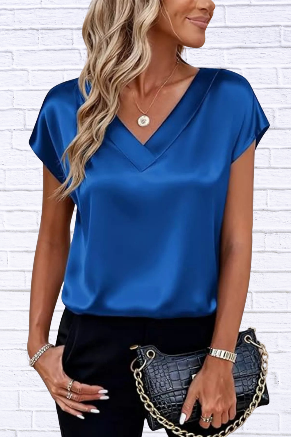 Satin V-Neck Short Sleeve Blouse