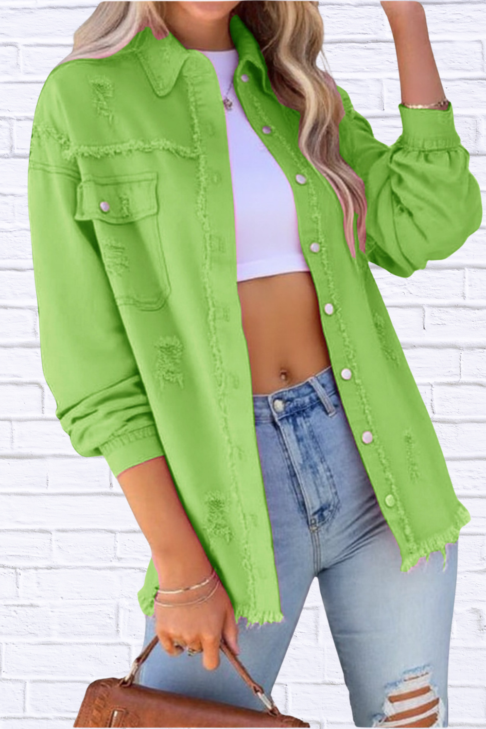 Distressed Denim Jacket with Frayed Edges Light Green