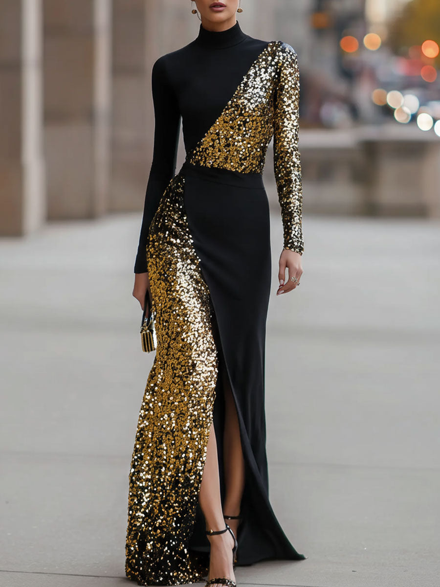 Elegant Black And Gold Sequin High-Neck Slit Maxi Dress Gold