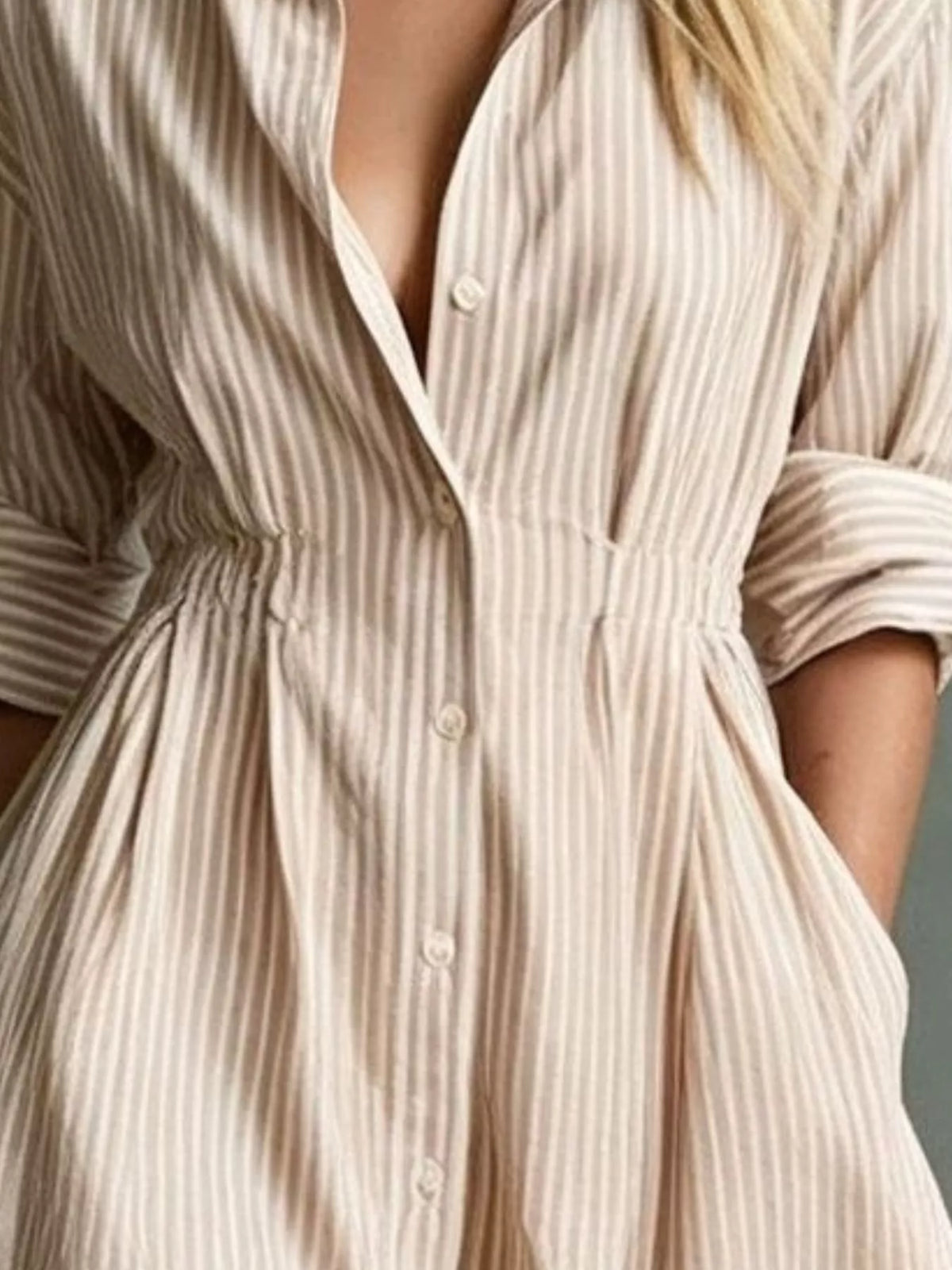 Striped Button-Down Shirt Dress with Contrast Hem