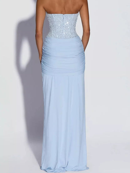 Elegant Strapless Sequin Corset Maxi Dress with Draped Waist Detail