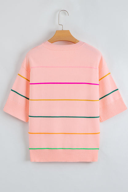 Pink Colorblock Striped Half Sleeve Drop Shoulder Sweater