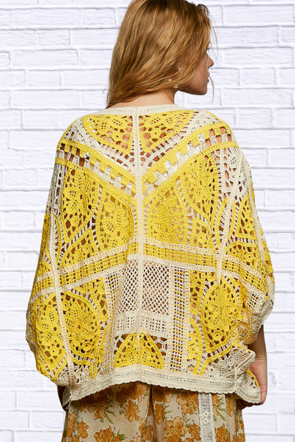 Golden Glow Open Front Crochet Cardigan with Scalloped Edge