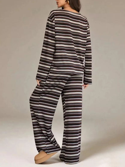 Striped Long-Sleeve Top and Wide-Leg Pants Set