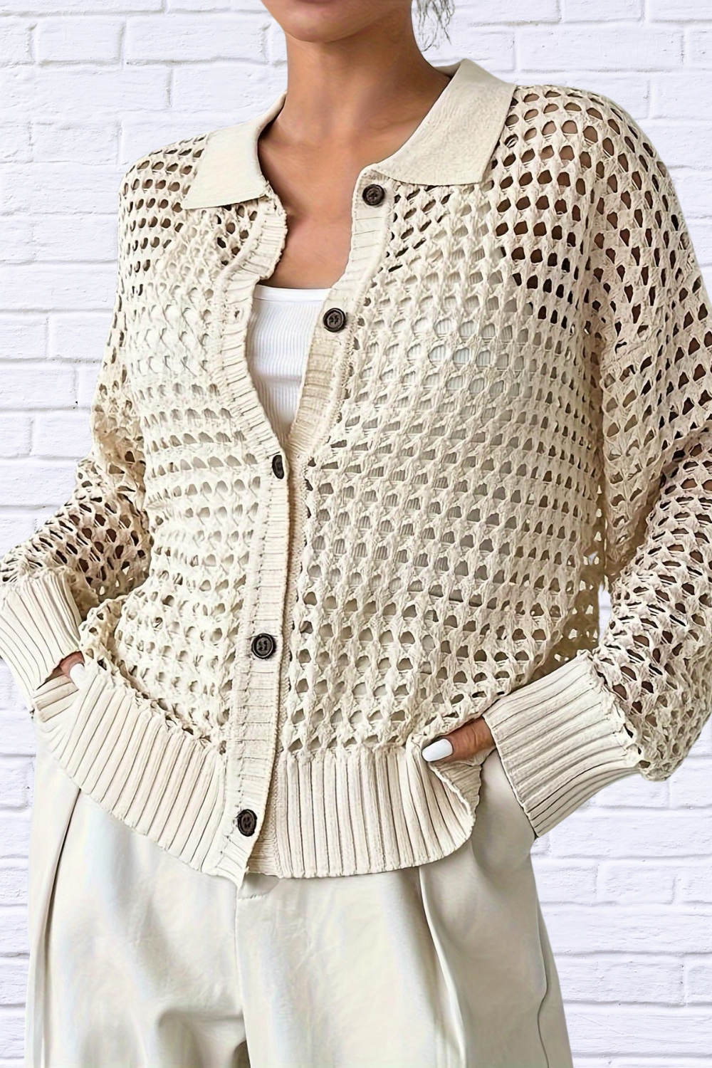 Hollow Out Knit Button Front Cardigan Cream