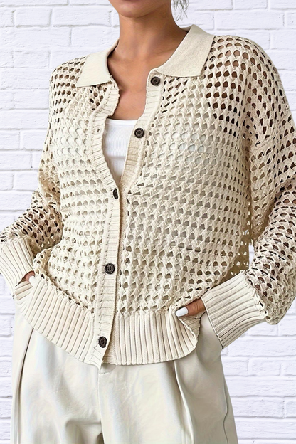 Hollow Out Knit Button Front Cardigan Cream