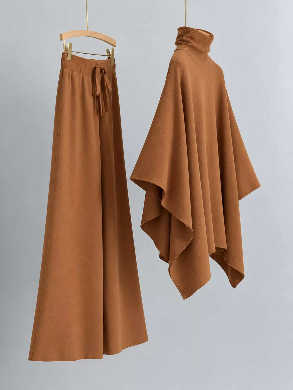 Turtleneck Poncho Pants Set with Wide-Leg Knit Pants