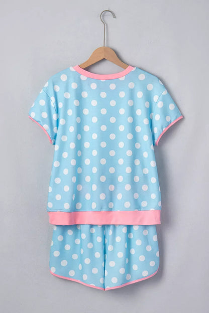 Polka Dot Contrast Trim Top and Drawstring Shorts Set