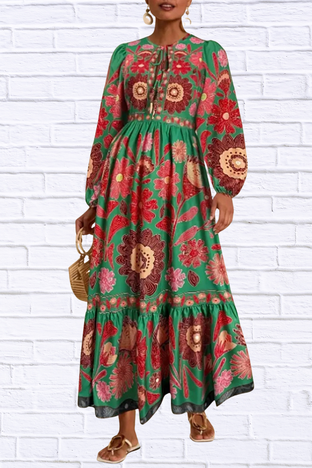 Floral Tie Waist Long Sleeve Dress Color 5