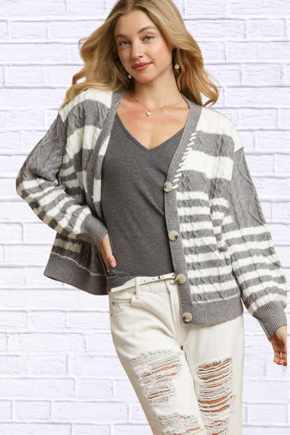 Umgee Cable-Knit Stripe Button-Up Cardigan GREY