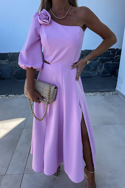 3D Rose One Shoulder Cut Out Waist Slit Midi Satin Dress Pink