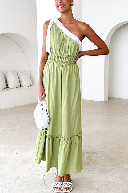 Tie Bow One Shoulder Waisted Ruffle Maxi Dress