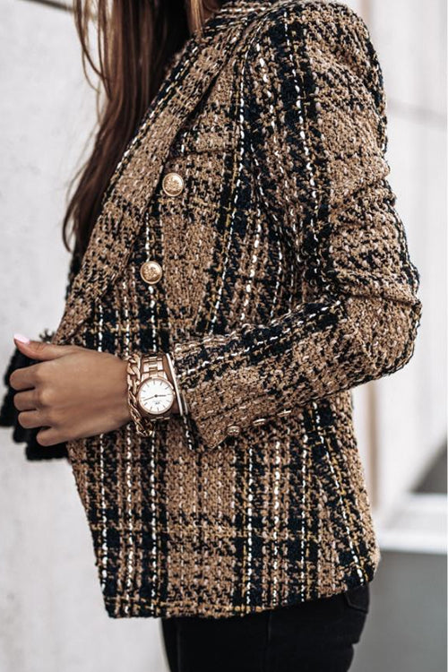 Double Breasted Open Front Plaid Blazer Jacket
