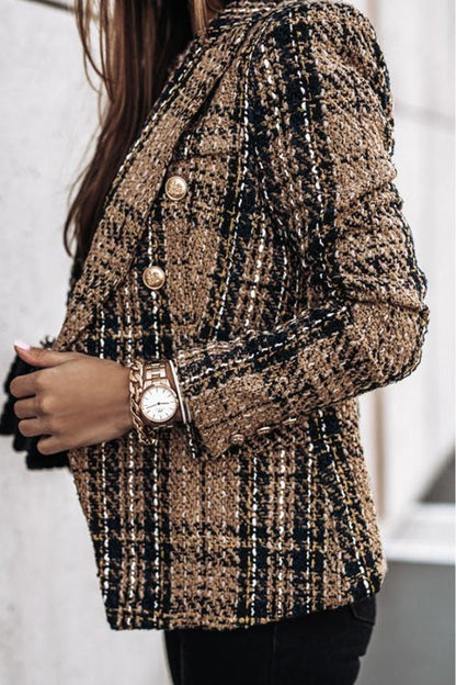 Double Breasted Open Front Plaid Blazer Jacket