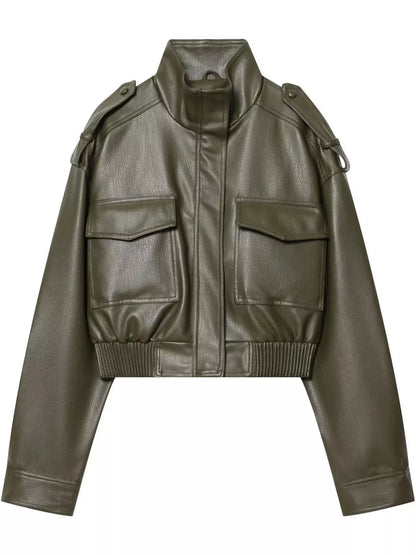 Faux Leather Cropped Bomber Jacket