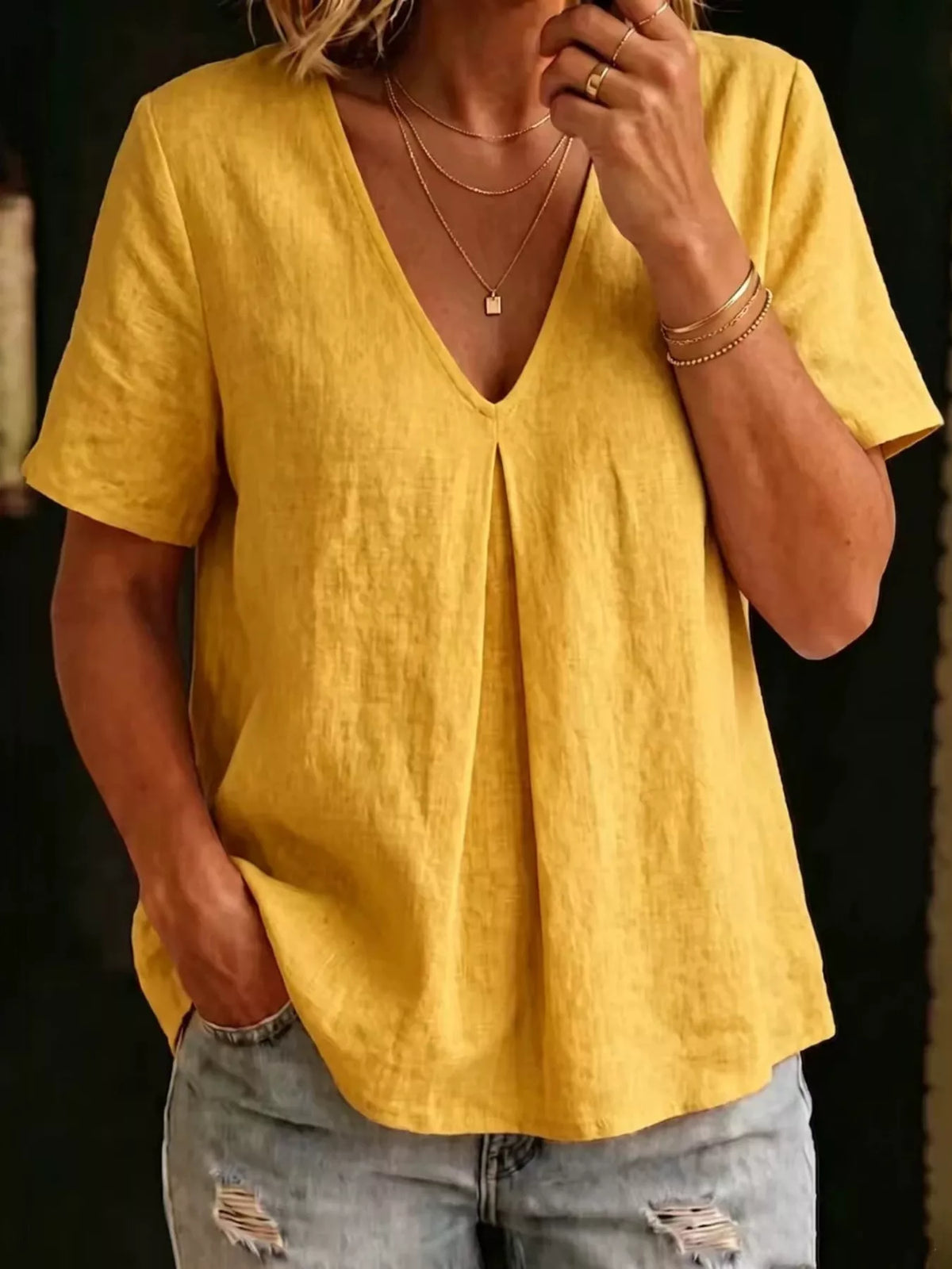 Full Size V-Neck Pleated Short Sleeve Blouse Plus Size