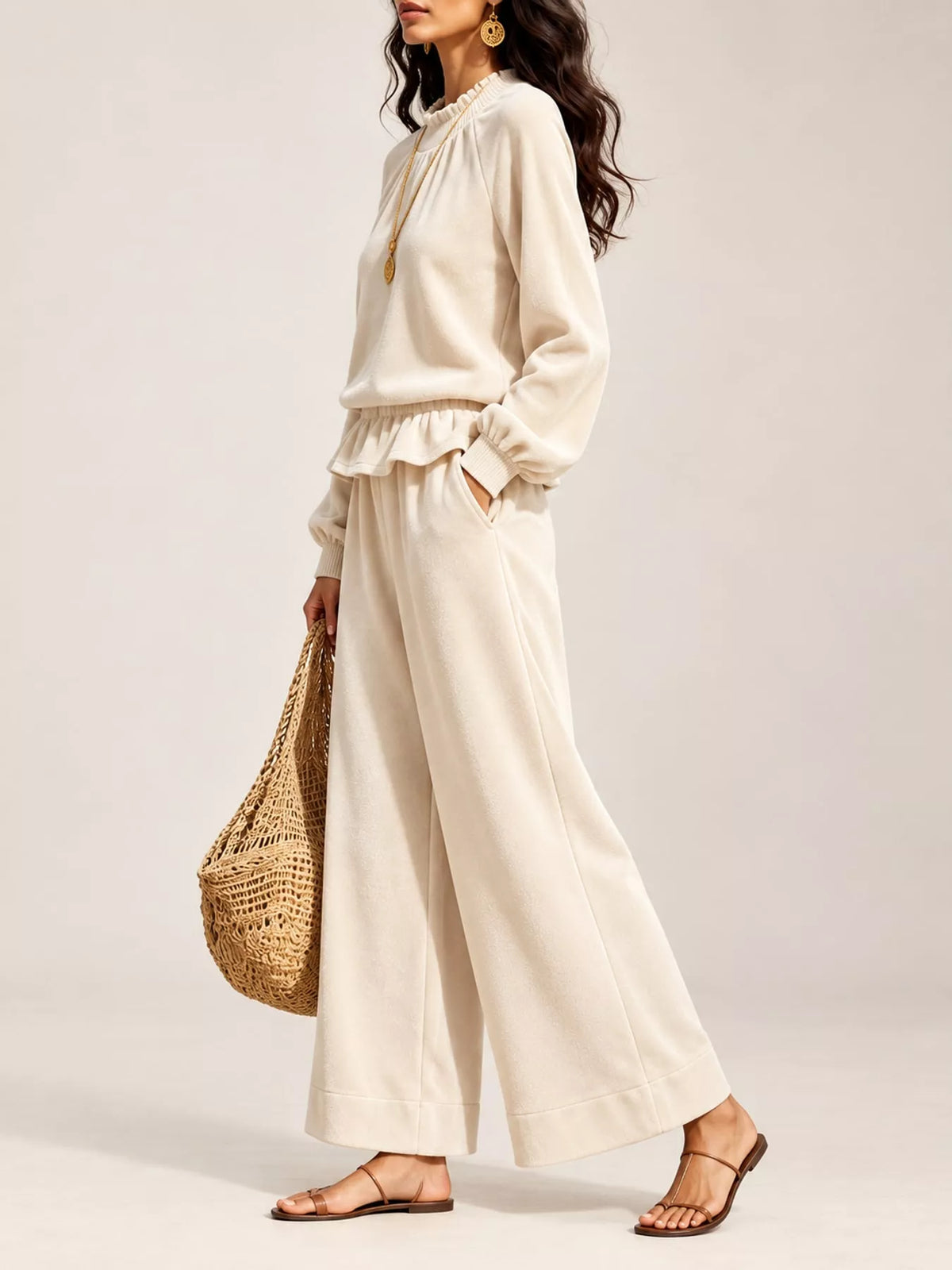 Velvet Ruffled Hem Top and Wide-Leg Pants Set