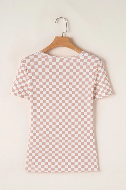 Checkered Ribbed Slim Fit Crew Neck T Shirt