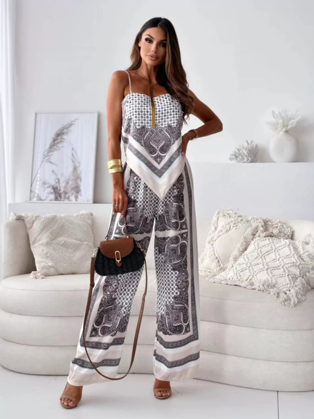 Printed Cami and Wide Leg Pants Set