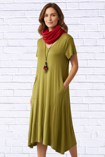 Women’s Soft Knit V-Neck Short Sleeve Maxi Dress with Pockets – Casual Summer Outfit