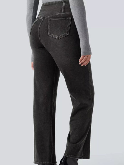 High Waisted Stretch Jeans with Crossover Waist | Straight Leg
